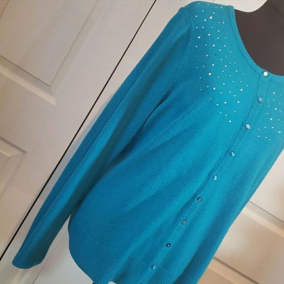 CJ Banks Teal Rhinestone Button Up Long Sleeve Sweater - Picture 4 of 7